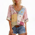 Angela - Women's Patchwork Floral V-Neck Blouse
