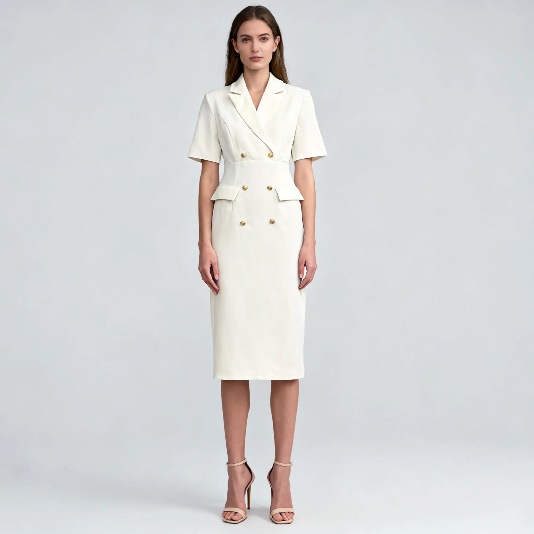 Velarve Women's Ivory Double-Breasted Blazer Dress, Gold-Button Short Sleeve