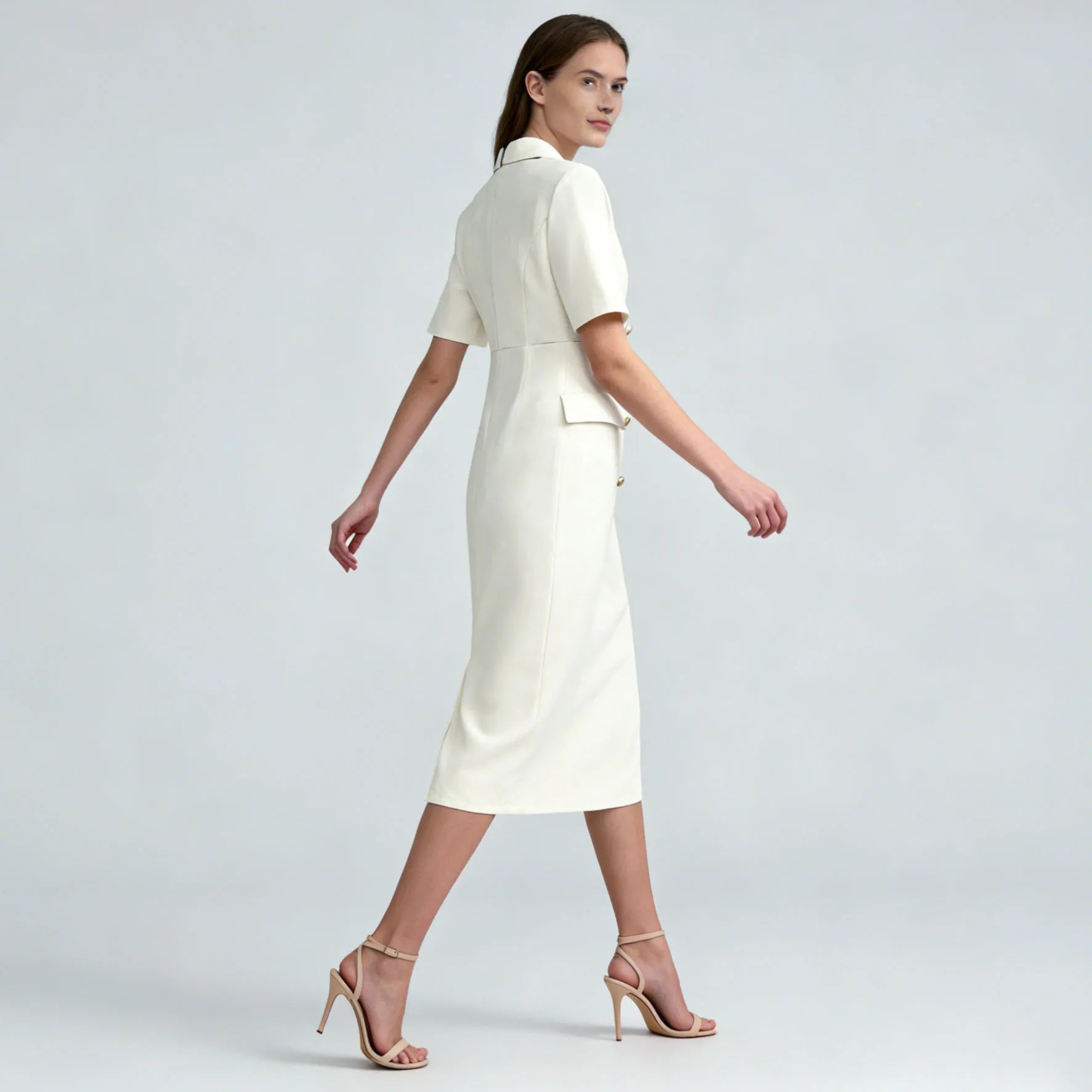 Velarve Women's Ivory Double-Breasted Blazer Dress, Short Sleeve